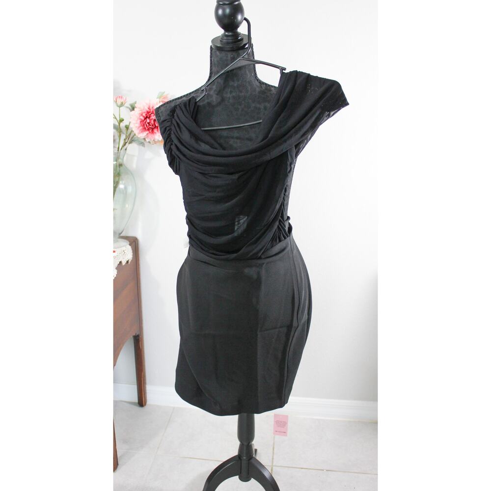 NWT Pretty Little Thing Black Satin Mesh Bardot Mini Dress Size 14 TikTok Viral